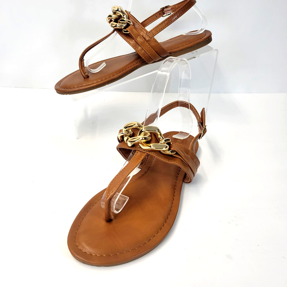 Pierre Dumas Sandal Shoes Womens Size 7.5 Brown Thong Gold Chain Slingback NWOT